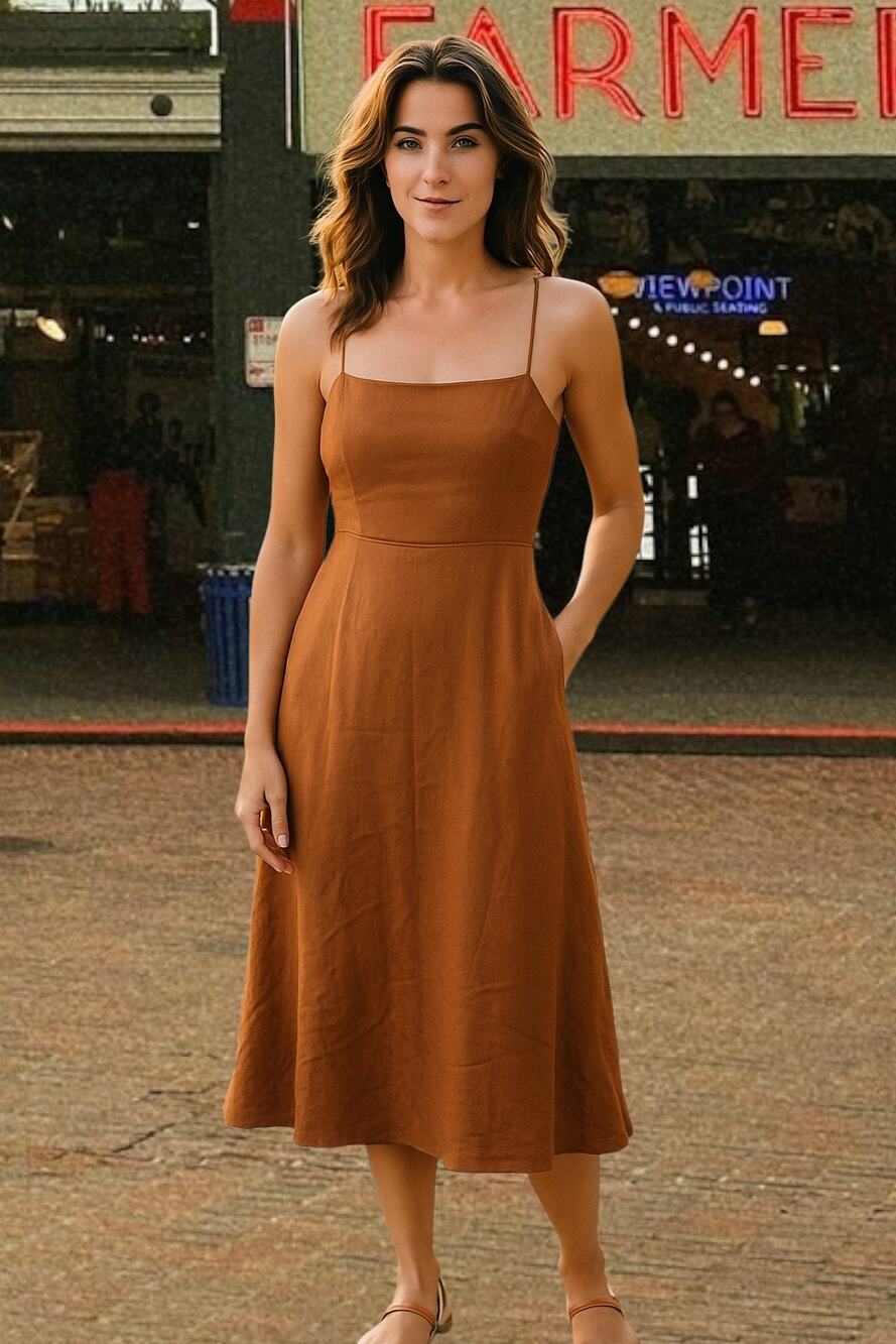 o.p.t Halter Dress Linen Blend Brown Gauzey Natural Flowy Midi Strappy Pockets